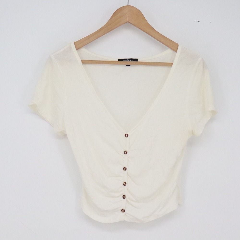 Ambiance Crop Top Womens L Ruched Button Front Cream Short Sleeve Excellent